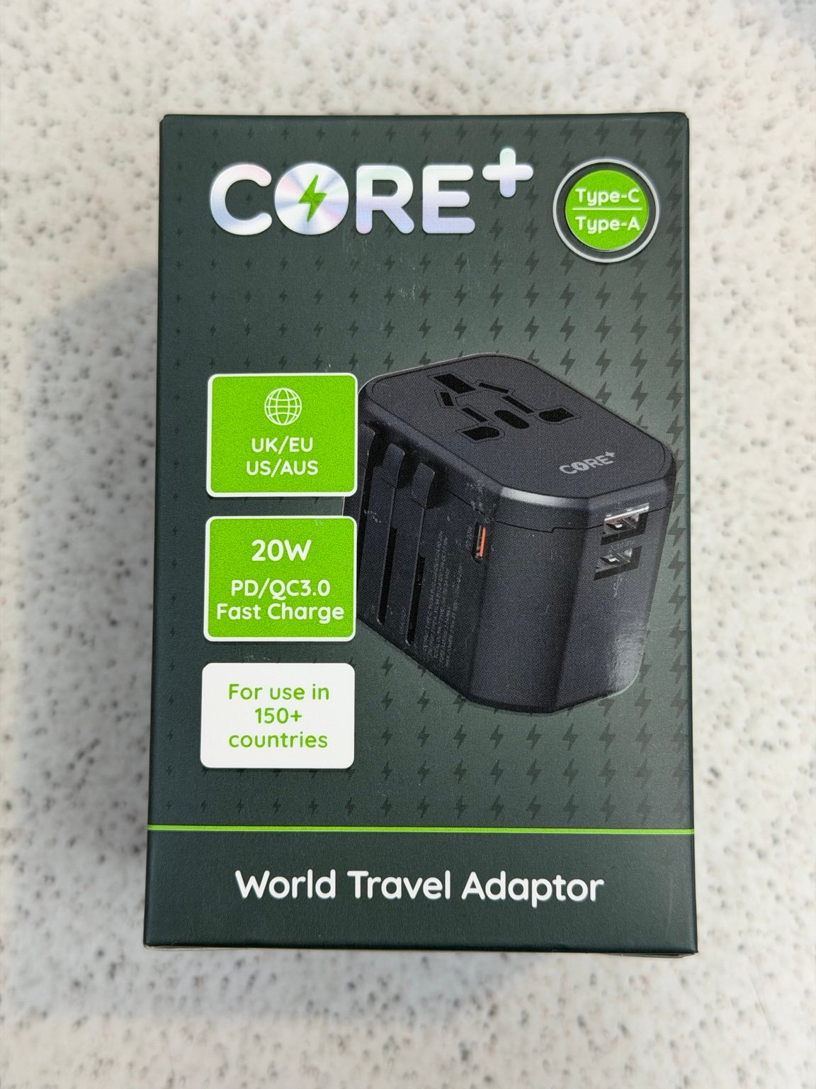 CORE+ World Travel Adapter 20W Fast Charge Type-C & USB Multi Plug UK EU US AUS AK World Mart UK