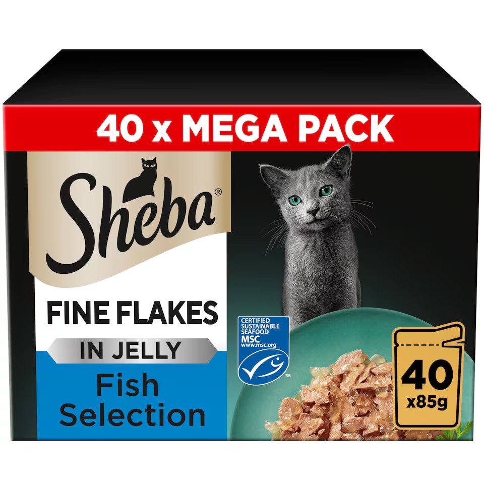 Sheba Fine Flakes Wet Cat Food Pouches Fish in Jelly 40x85g | UK Seller product pack